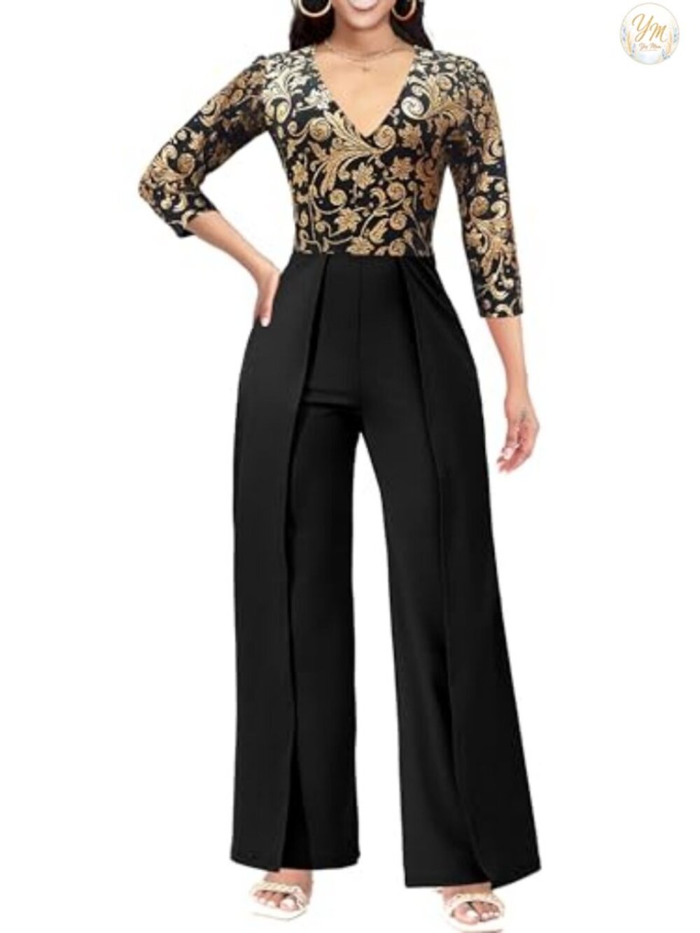 Women Elegant 3/4 Sleeve V-Neck Formal Jumpsuit Silk Wide Leg Slit